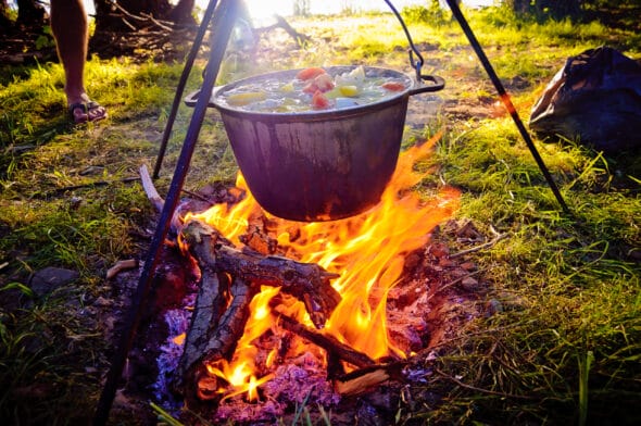 Thumbnail image of Campfire cooking, prepper cooking, tripod, open fire