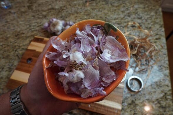 Garlic Peels can be powdered and mixed into bread, rice, or added to your composter