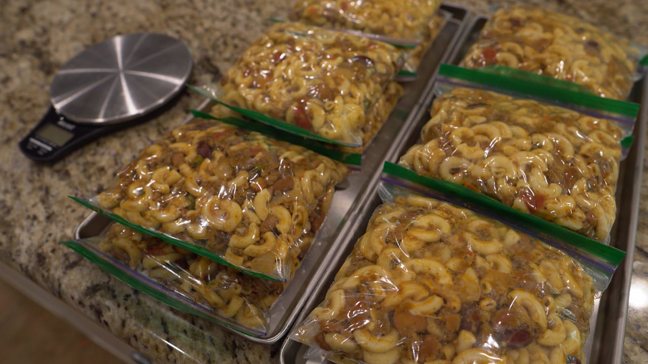 Portions of frozen chili mac