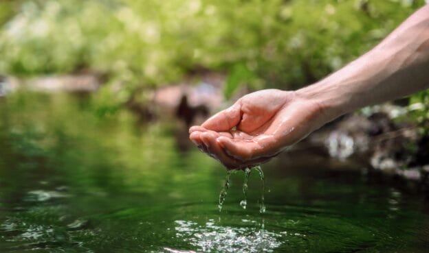 Hand lifting water from a stream